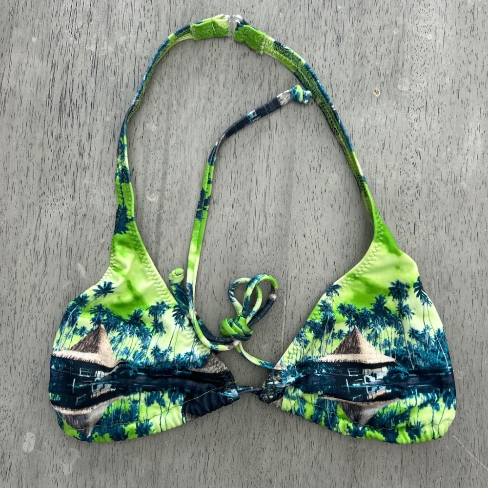 Vintage Op Ocean Pacific Tropical Palm Tree Triangle Bikini Top Green Blue M